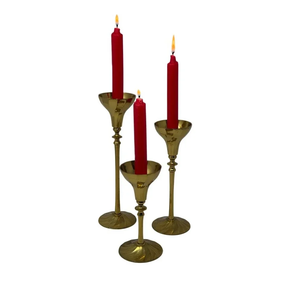 Mid 20th Century Brass Swirl Design Candlestick Candle Holders Set 3 Graduated‎